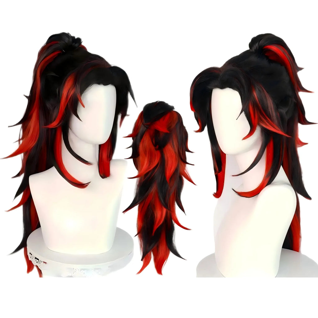 black red highlights long ponytail wig for yoriichi tsugikuni cosplay