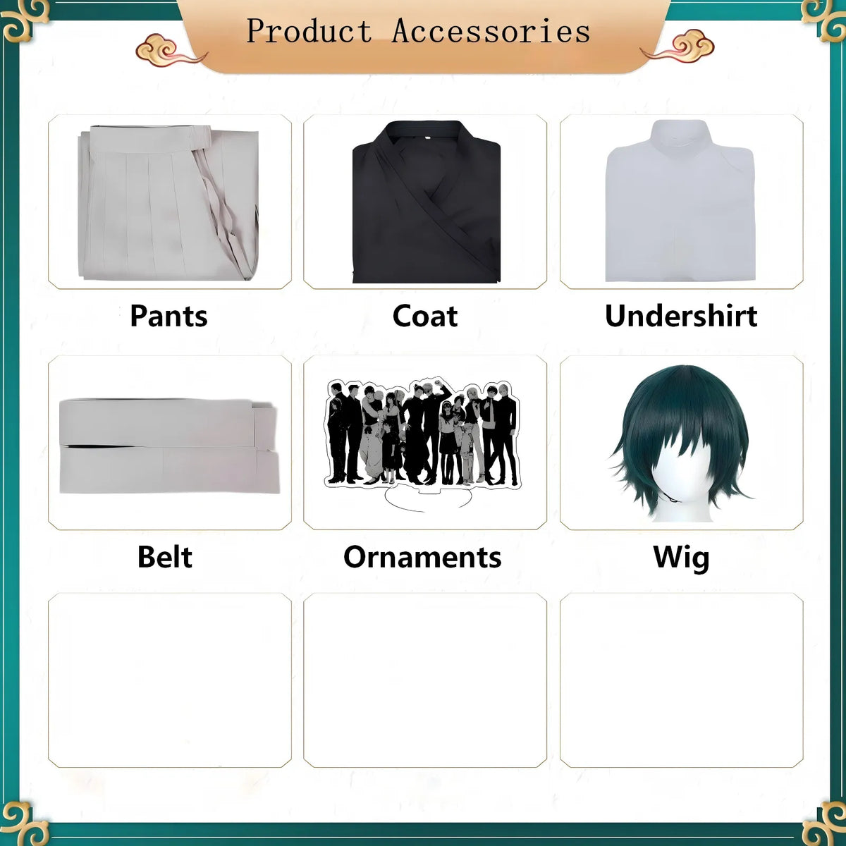 zenin naoya cos costume accessories, coat, undershirt, hakama pants, belt, wig and ornaments