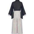 back view of zenin naoya cos outfit, black kimono top and beige hakama pants