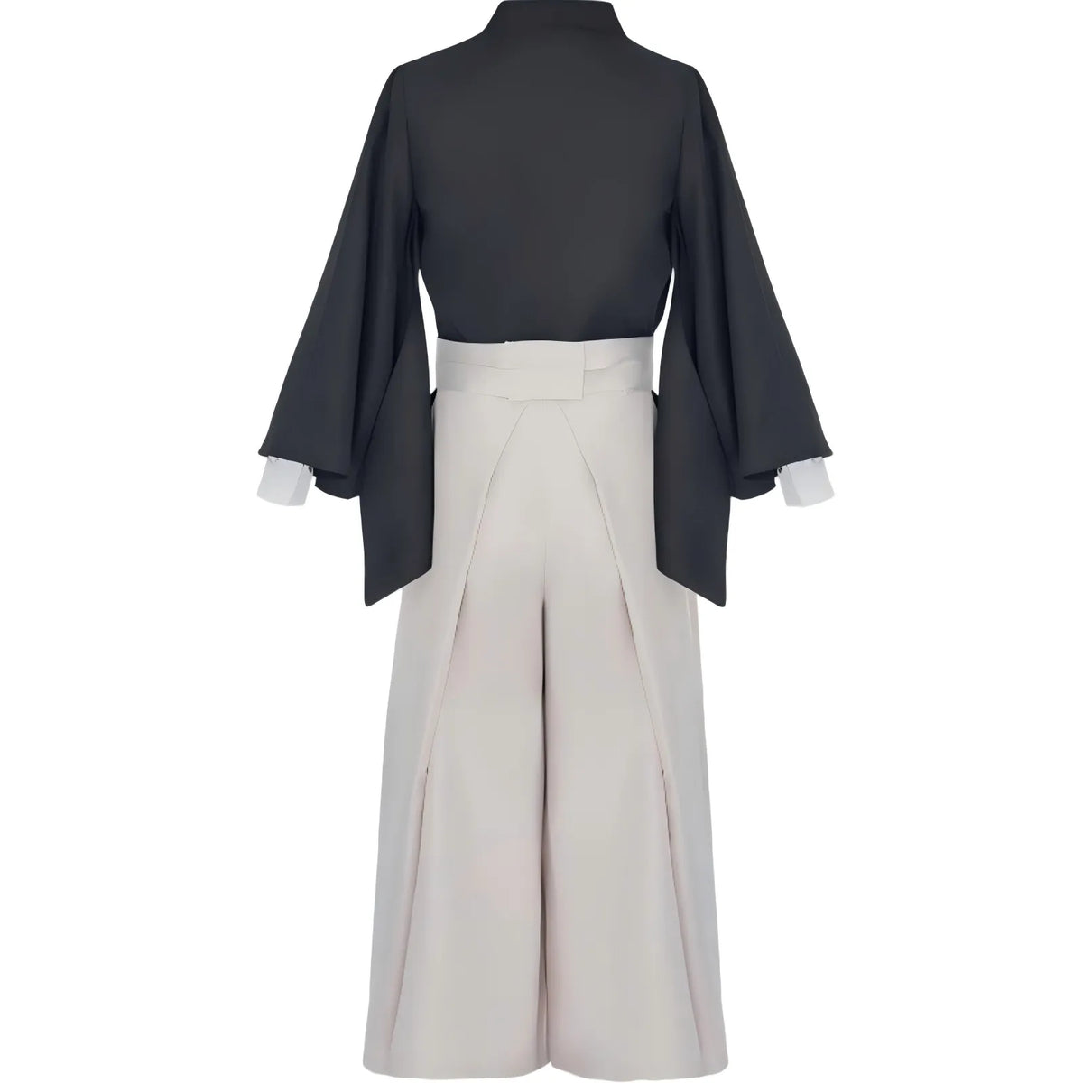 back view of zenin naoya cos outfit, black kimono top and beige hakama pants