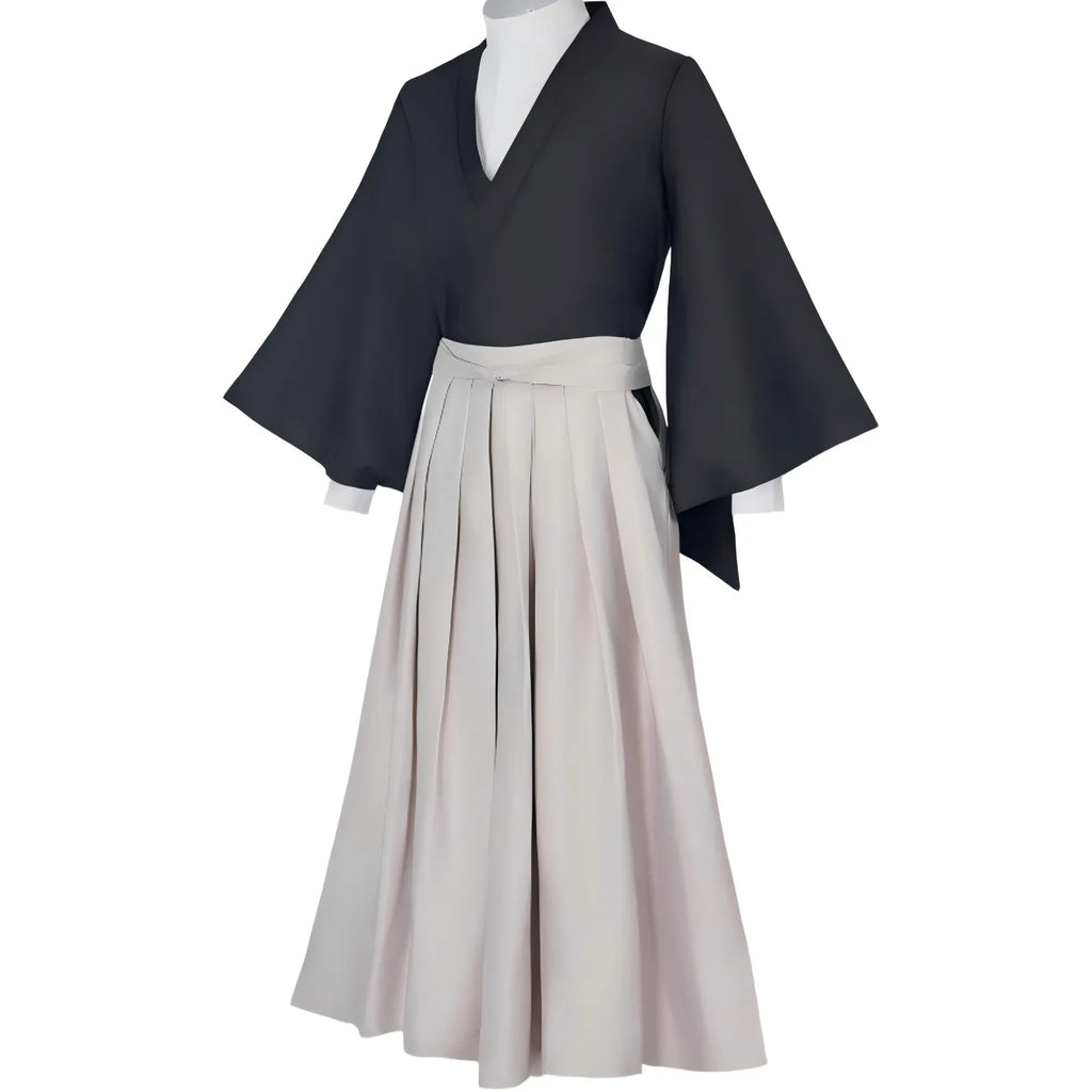 zenin naoya cos hakama costume front side view, black wide sleeve kimono with pleated trousers