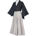 zenin naoya cos hakama costume front side view, black wide sleeve kimono with pleated trousers