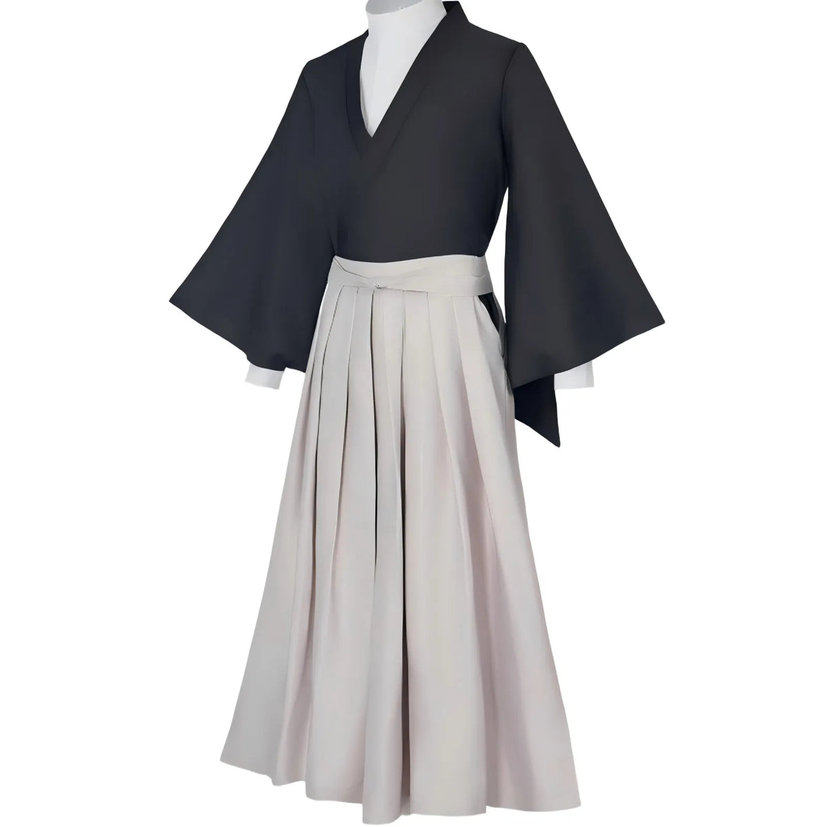 zenin naoya cos hakama costume front side view, black wide sleeve kimono with pleated trousers