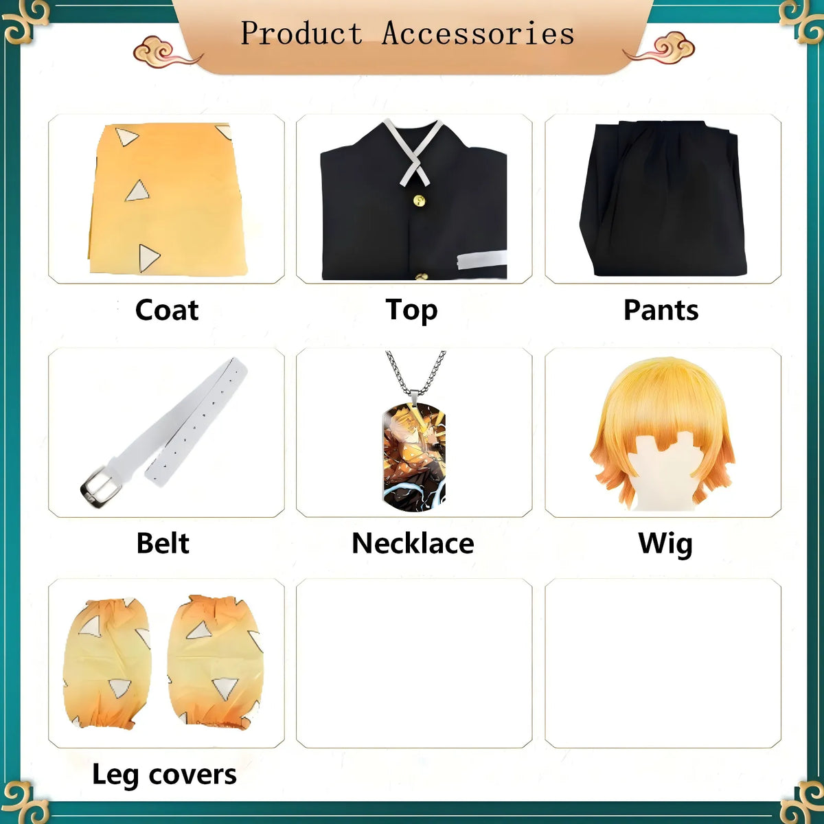 zenitsu cosplay costume accessories list display