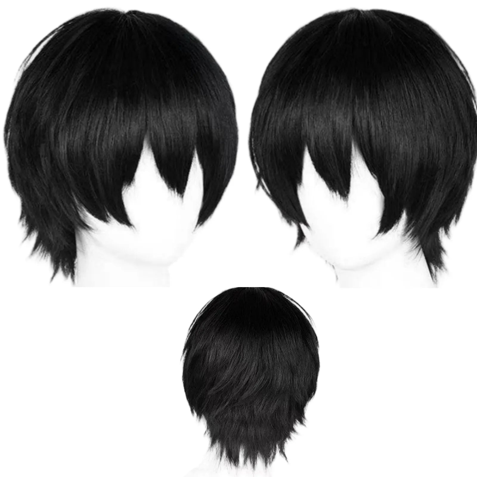 front side back three views black layered short wig for zuko avatar cosplay styling