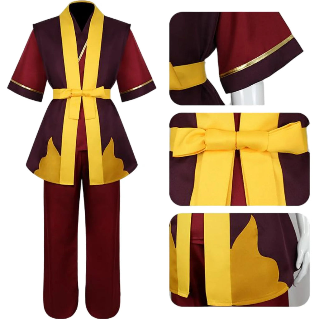 closeup details of zuko fire nation cosplay costume trim and bow belt
