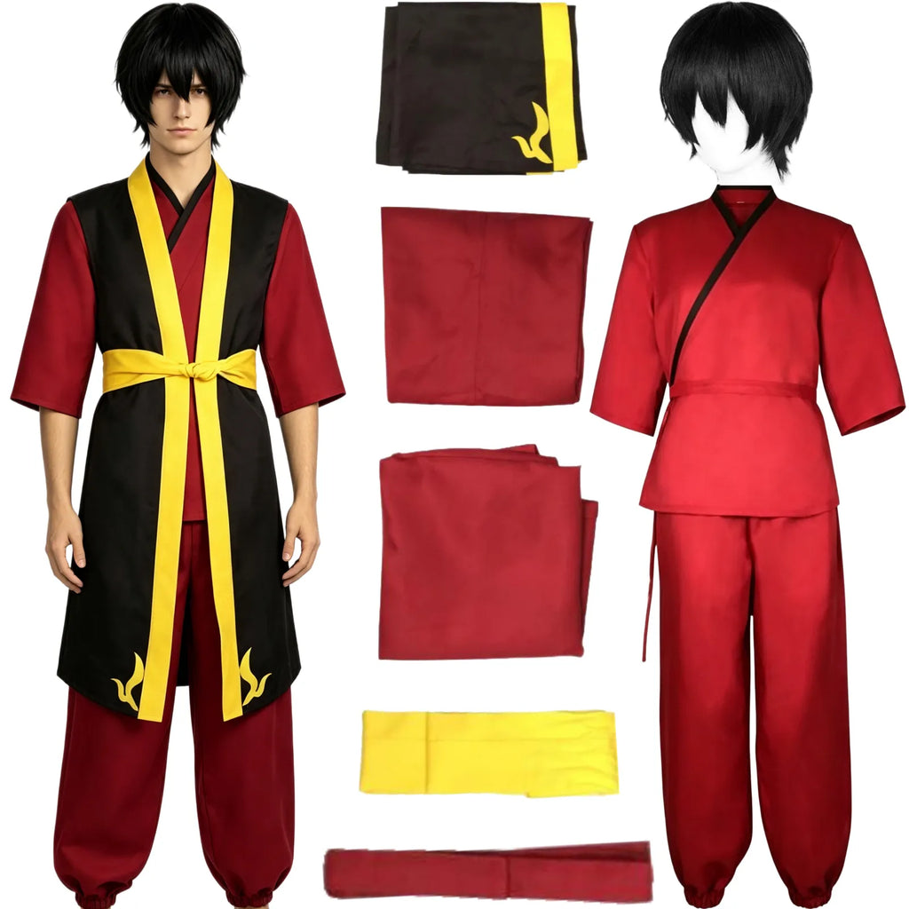 full zuko cosplay accessories laid out including matching black short anime wig fire nation uniform pieces