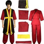 young male model wearing complete zuko fire nation cosplay costume red inner top black yellow trim vest harem pants