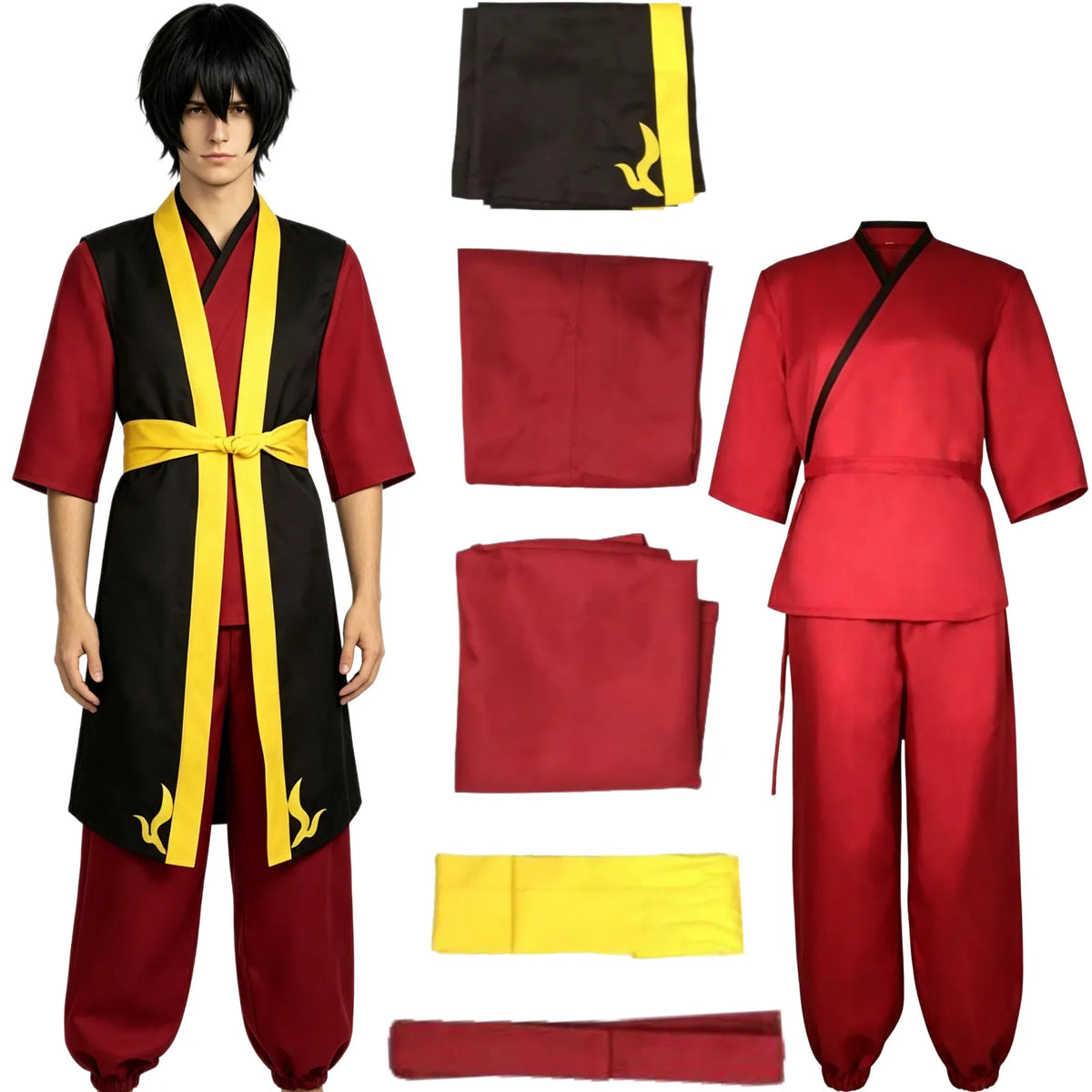 young male model wearing complete zuko fire nation cosplay costume red inner top black yellow trim vest harem pants