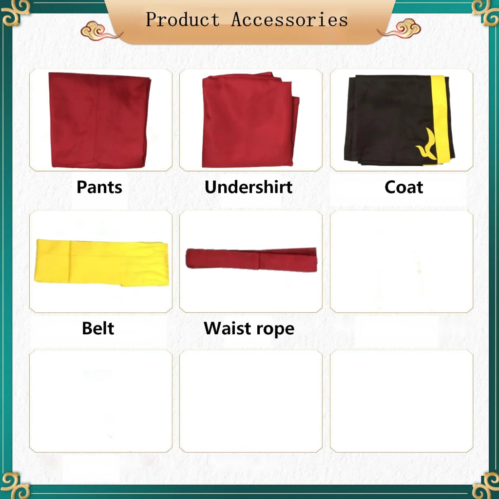 arranged zuko cosplay components pants undershirt coat yellow belt red waist rope no wig
