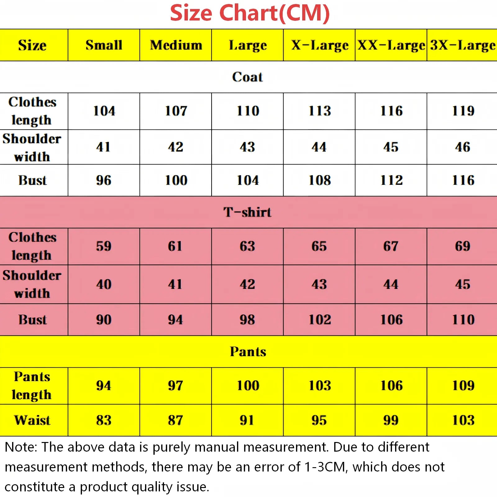 size specification chart in centimeters for dabi my hero academia cosplay coat shirt pants
