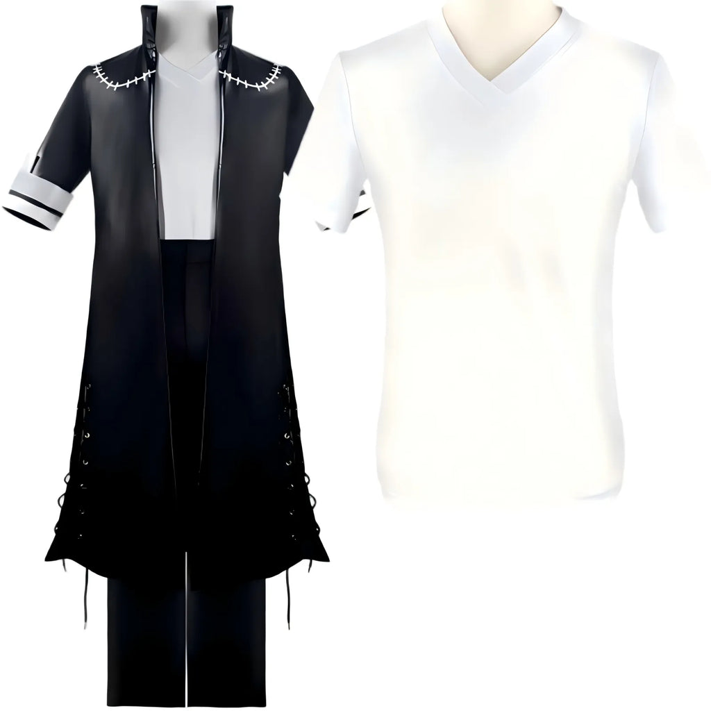 separate display dabi cosplay white v-neck t shirt and black stitch long coat
