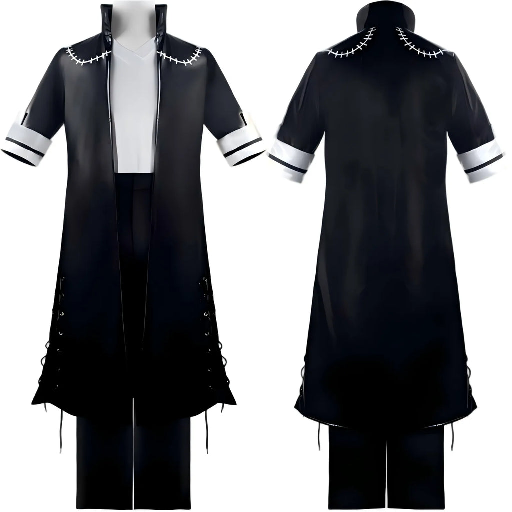 front and back comparison of dabi black stitched long cosplay coat my hero academia