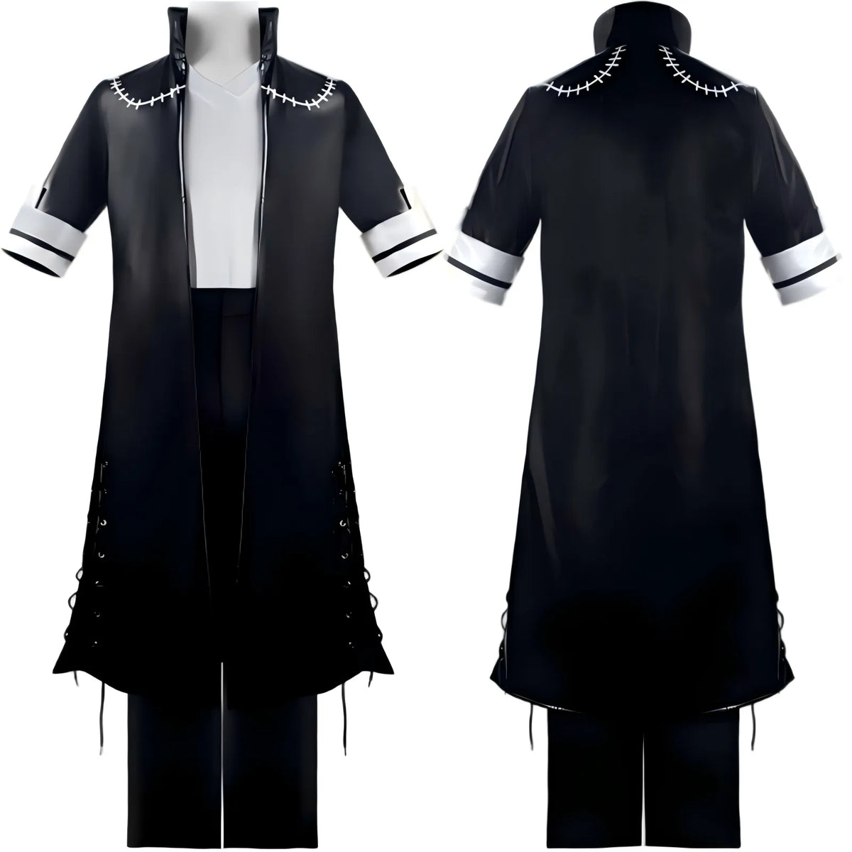 front and back comparison of dabi black stitched long cosplay coat my hero academia