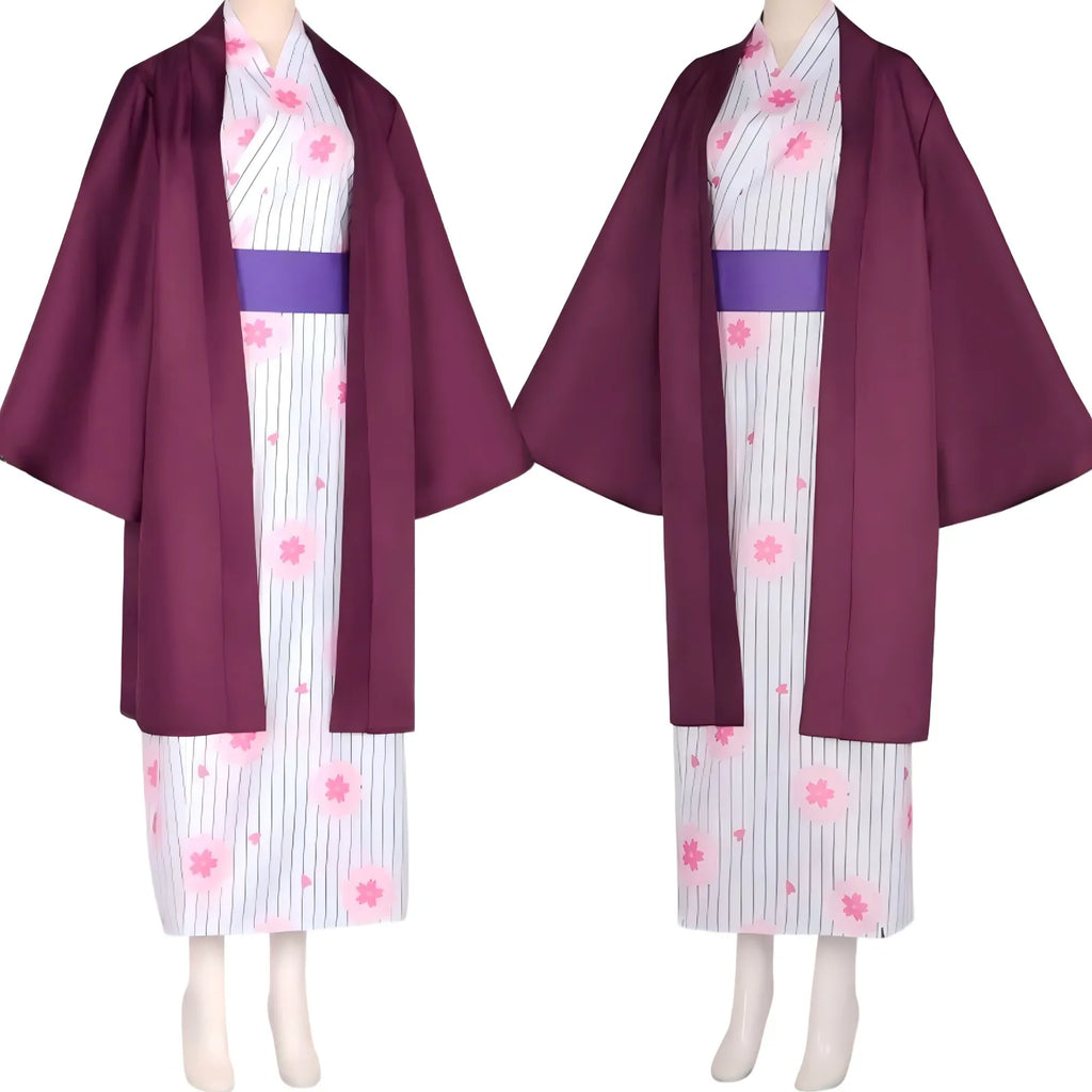 two identical mitsuri kanroji demon slayer cosplay kimono sets side‑by‑side