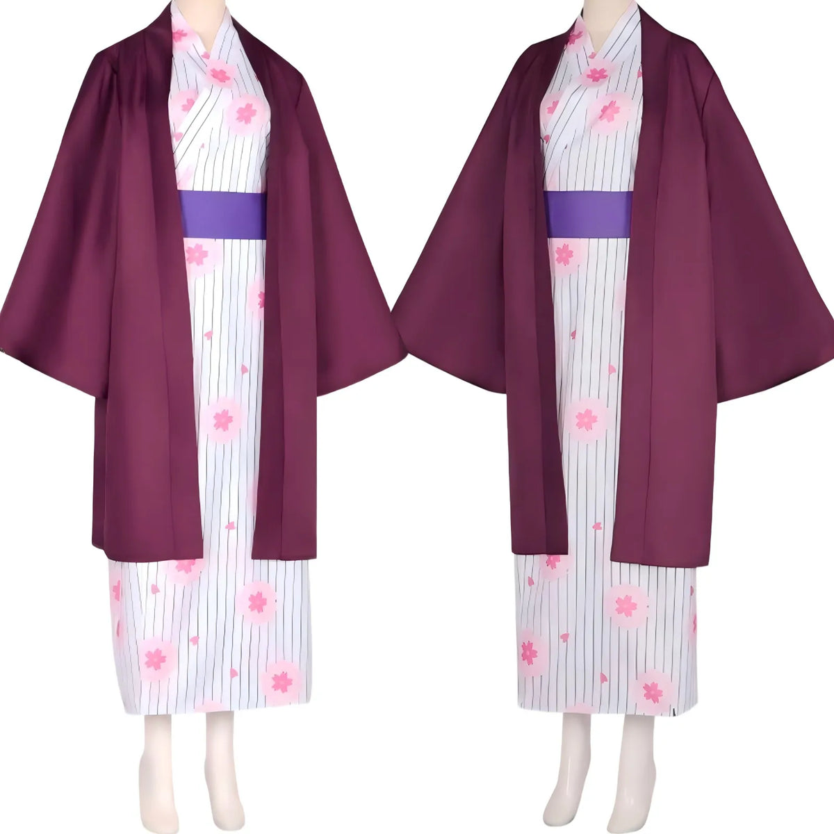 two identical mitsuri kanroji demon slayer cosplay kimono sets side‑by‑side