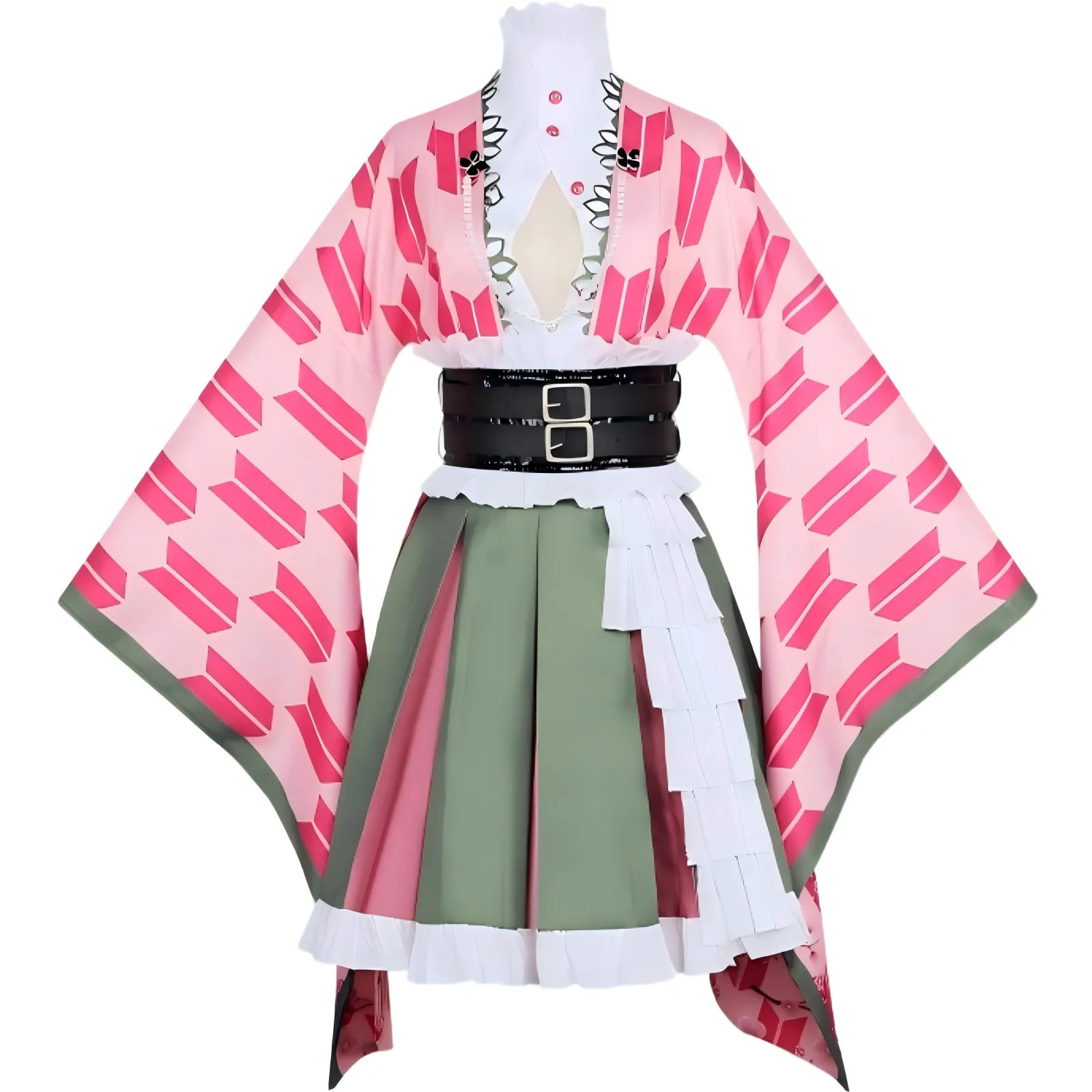 detailed front photo of mitsuri kanroji cos suit, double black waist belt