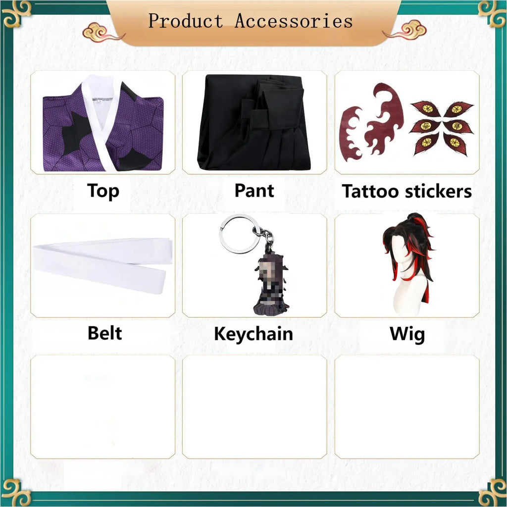product accessories chart for kokushibou demon slayer cosplay costume, top, hakama, wig, tattoo stickers and keychain