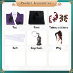 product accessories chart for kokushibou demon slayer cosplay costume, top, hakama, wig, tattoo stickers and keychain