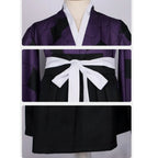 close-up details of kokushibou kimono collar, white belt and hakama demon slayer cosplay