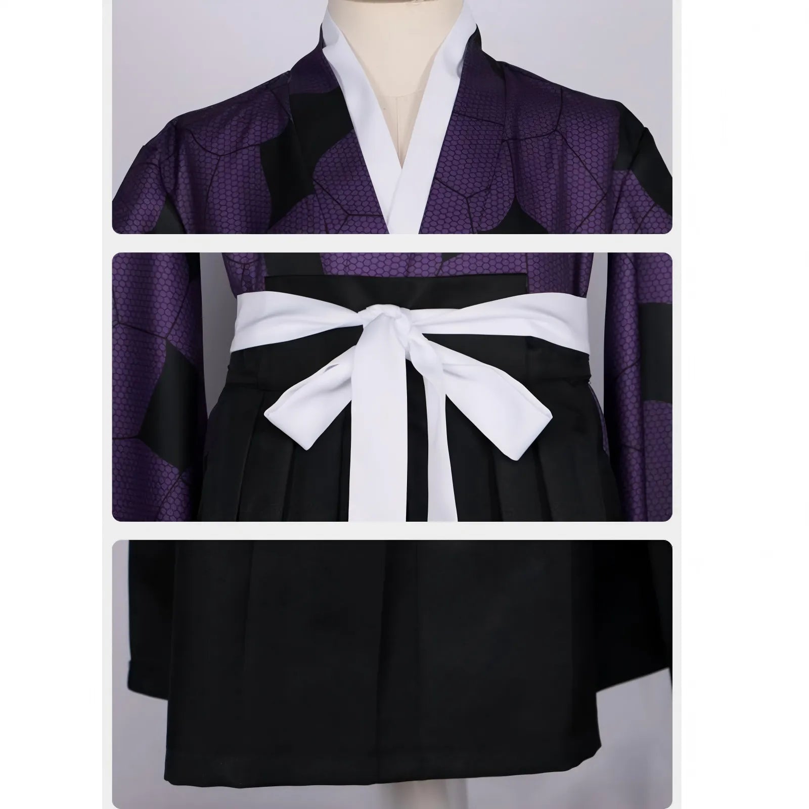 close-up details of kokushibou kimono collar, white belt and hakama demon slayer cosplay