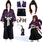 kokushibou demon slayer cosplay outfit, model display, separated costume parts, wig, tattoo stickers and keychain