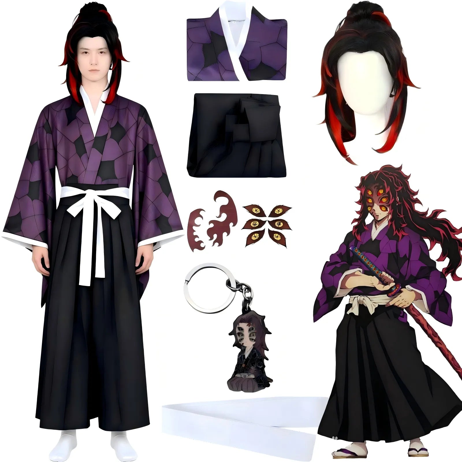 kokushibou demon slayer cosplay outfit, model display, separated costume parts, wig, tattoo stickers and keychain