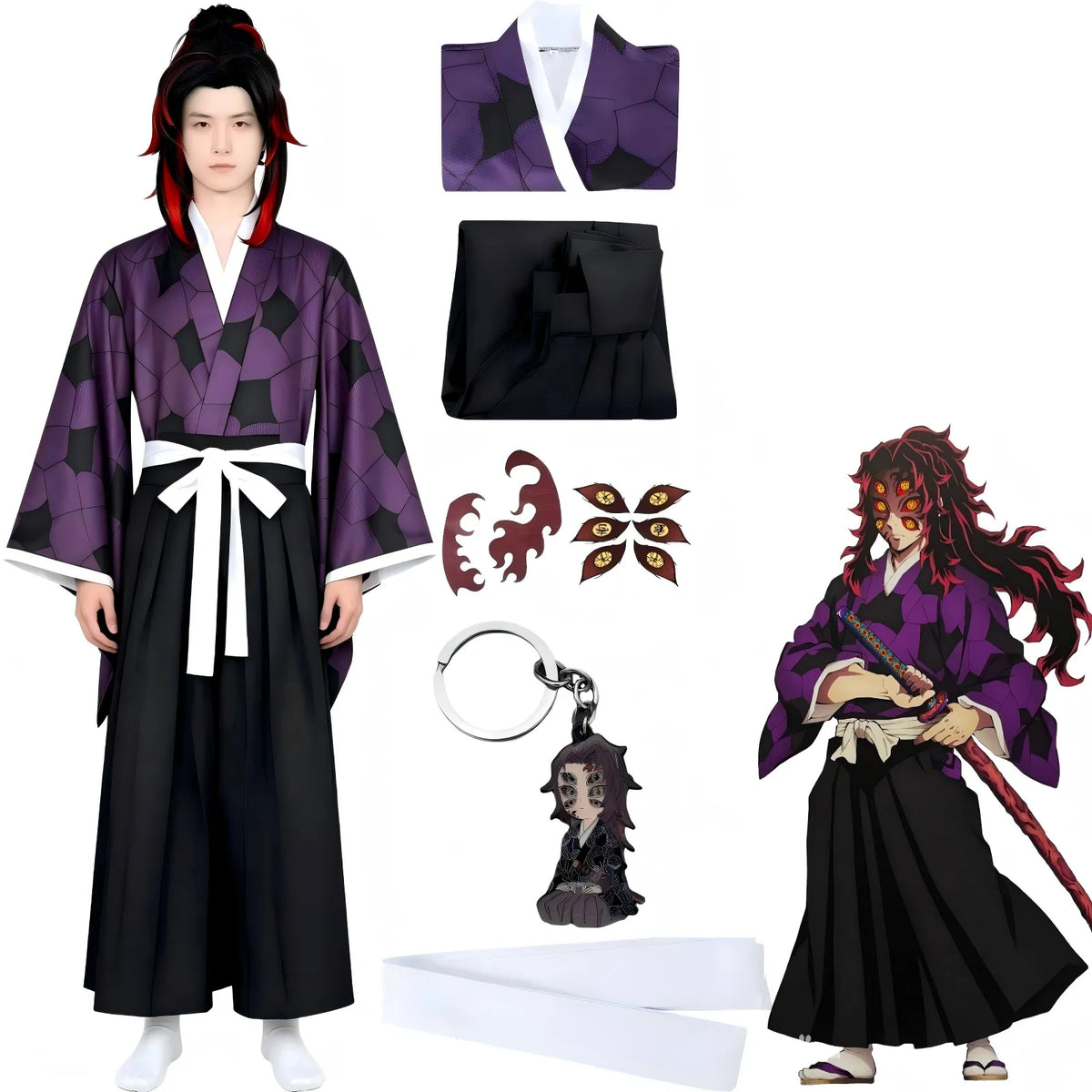 male model wearing kokushibou demon slayer cosplay costume full set with wig and tattoo stickers white background
