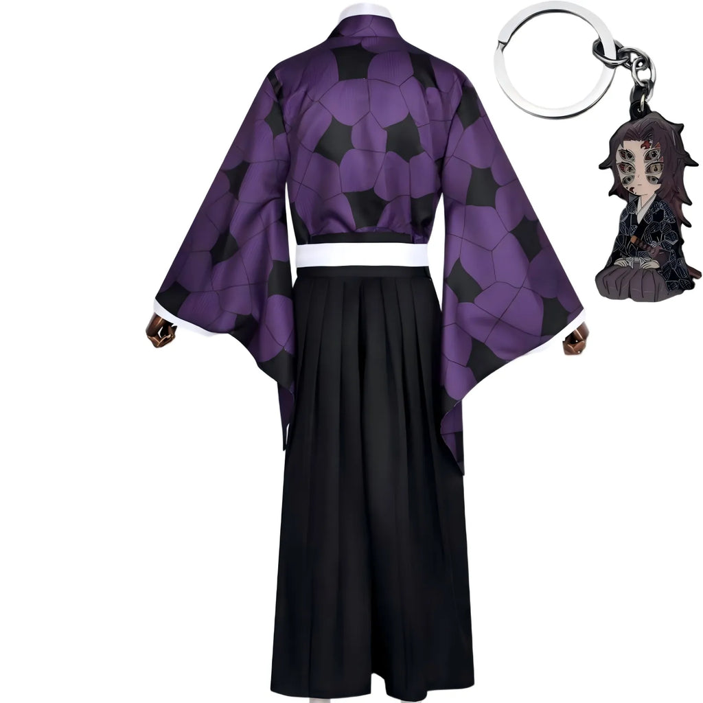 back view of kokushibou purple black kimono hakama demon slayer cosplay costume on mannequin