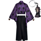 back view of kokushibou purple black kimono hakama demon slayer cosplay costume on mannequin