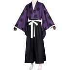 angled shot kokushibou demon slayer cosplay kimono and long black hakama mannequin display