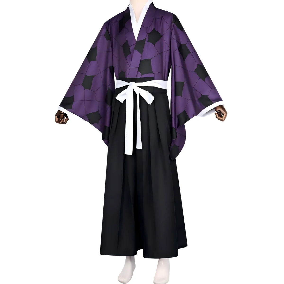 angled shot kokushibou demon slayer cosplay kimono and long black hakama mannequin display