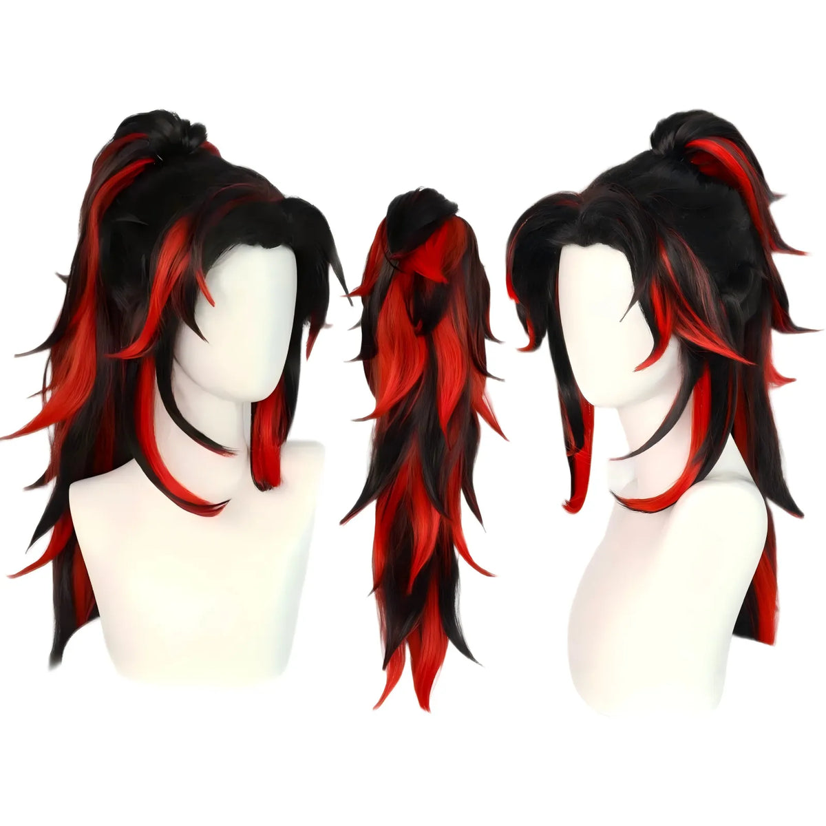 multi-angle display kokushibou black red gradient high ponytail cosplay wig for demon slayer