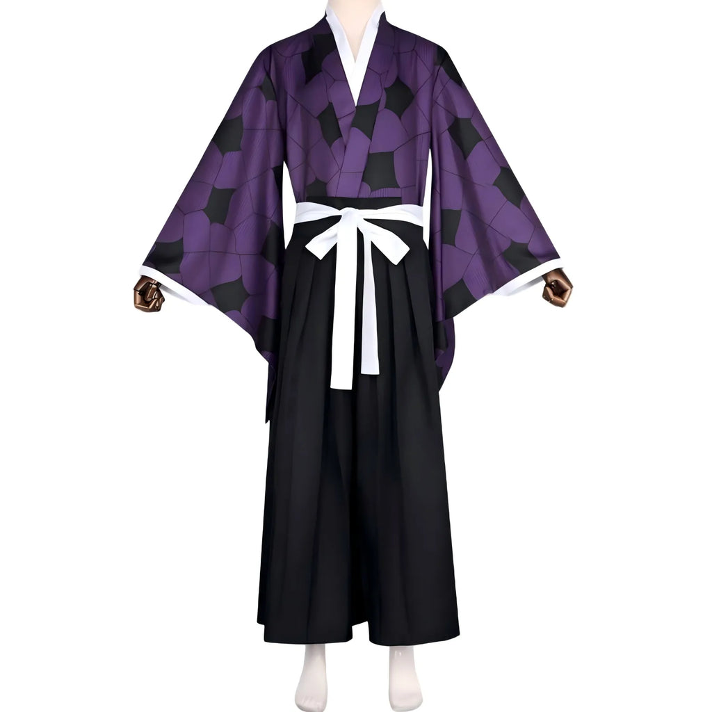 front view kokushibou purple cracked kimono hakama cosplay costume displayed on mannequin