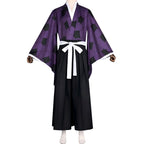front view kokushibou purple cracked kimono hakama cosplay costume displayed on mannequin