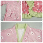 detailed close‑ups of mitsuri cos kimono, floral print, inner tie and green ruffle hem