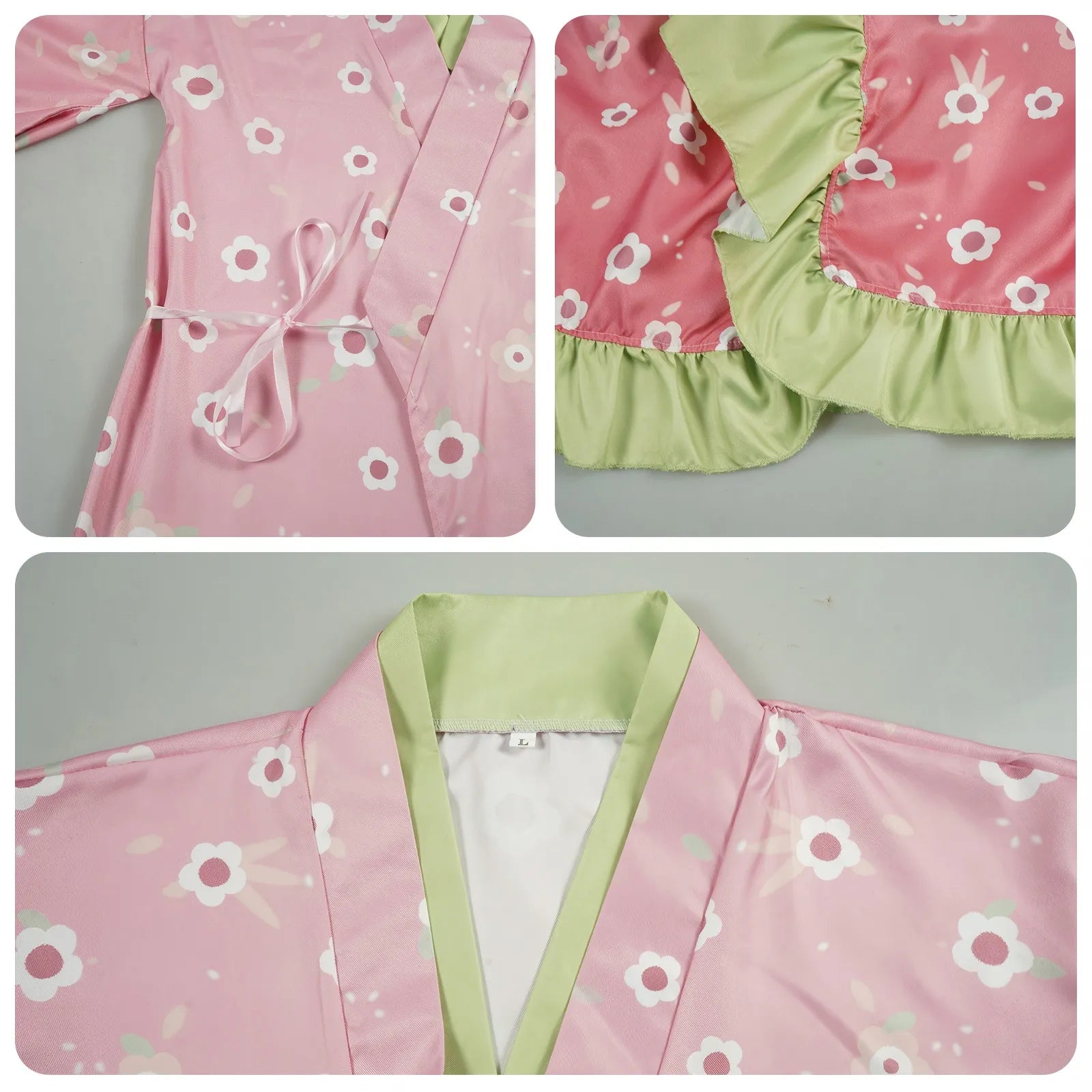 detailed close‑ups of mitsuri cos kimono, floral print, inner tie and green ruffle hem