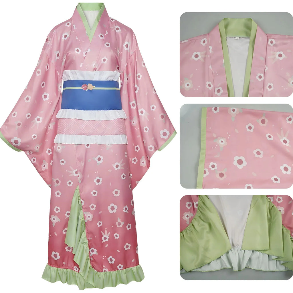 front view of mitsuri cos yukata, close‑ups on collar, sleeve and hem ruffle