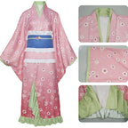 front view of mitsuri cos yukata, close‑ups on collar, sleeve and hem ruffle