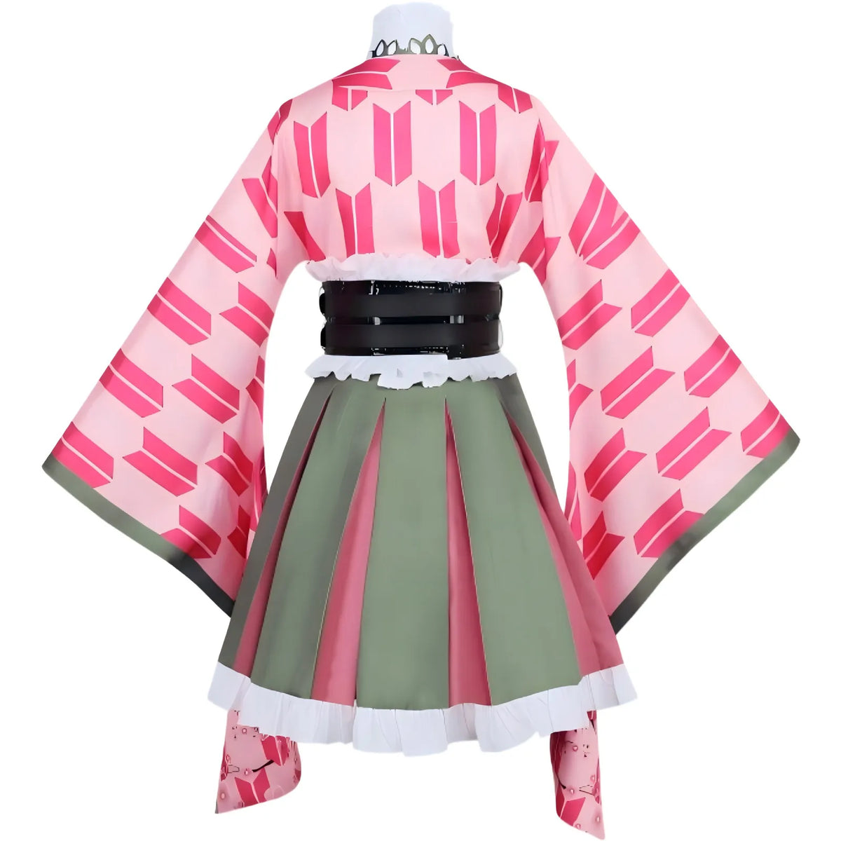 back side of mitsuri kanroji cosplay outfit, pink printed haori and pleated skirt