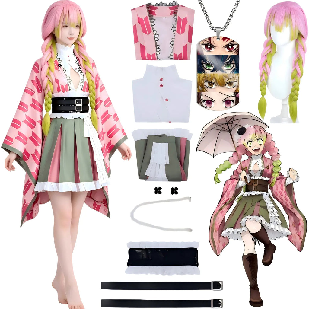 complete mitsuri kanroji cos suit including wig and necklace, product collage on white background