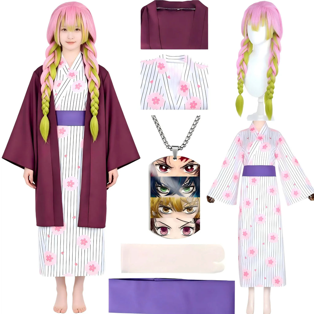 demon slayer mitsuri kanroji cosplay full kit, includes wig, kimono and accessories