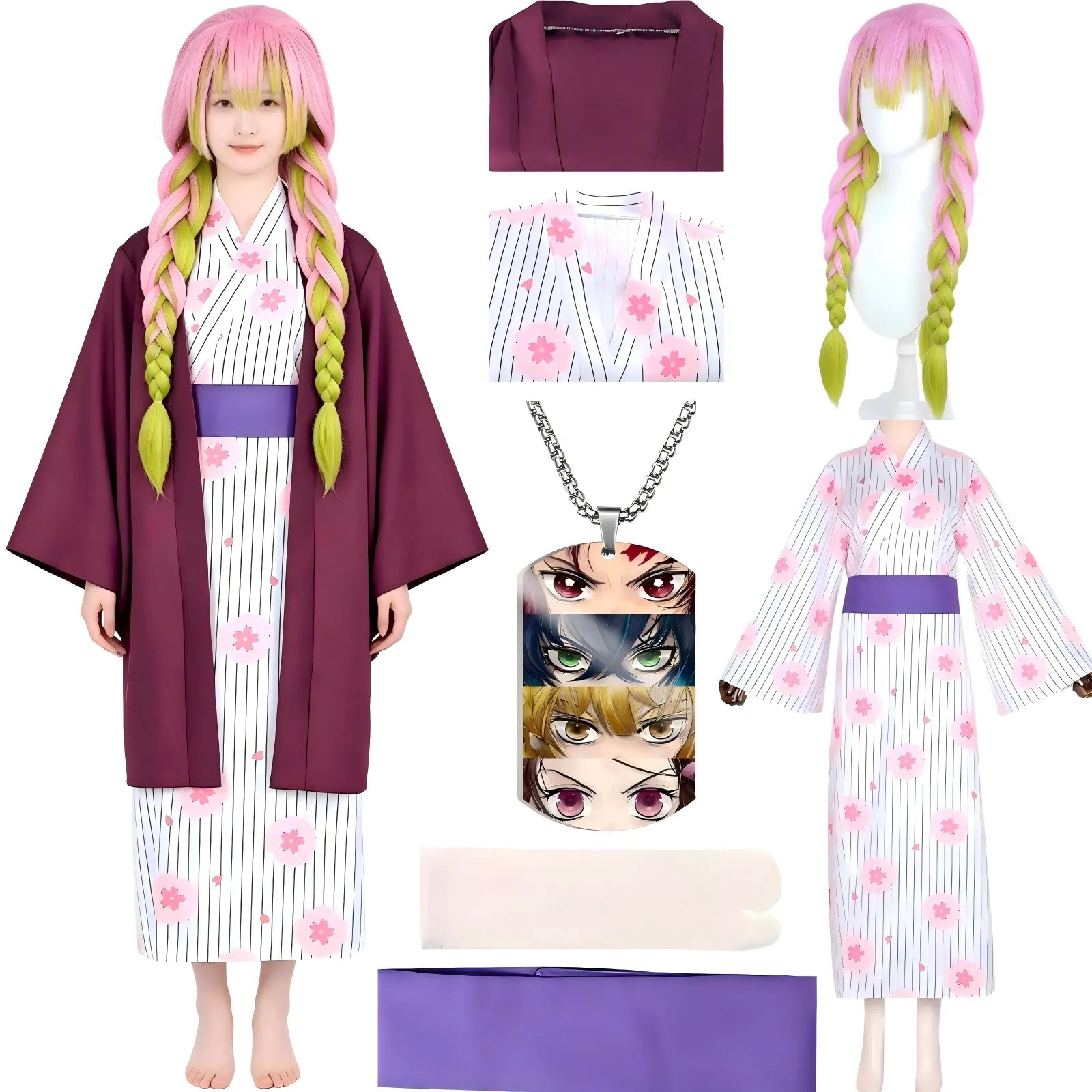 demon slayer mitsuri kanroji cosplay full kit, includes wig, kimono and accessories