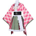 side front detail of mitsuri cos outfit, white frill decoration on skirt