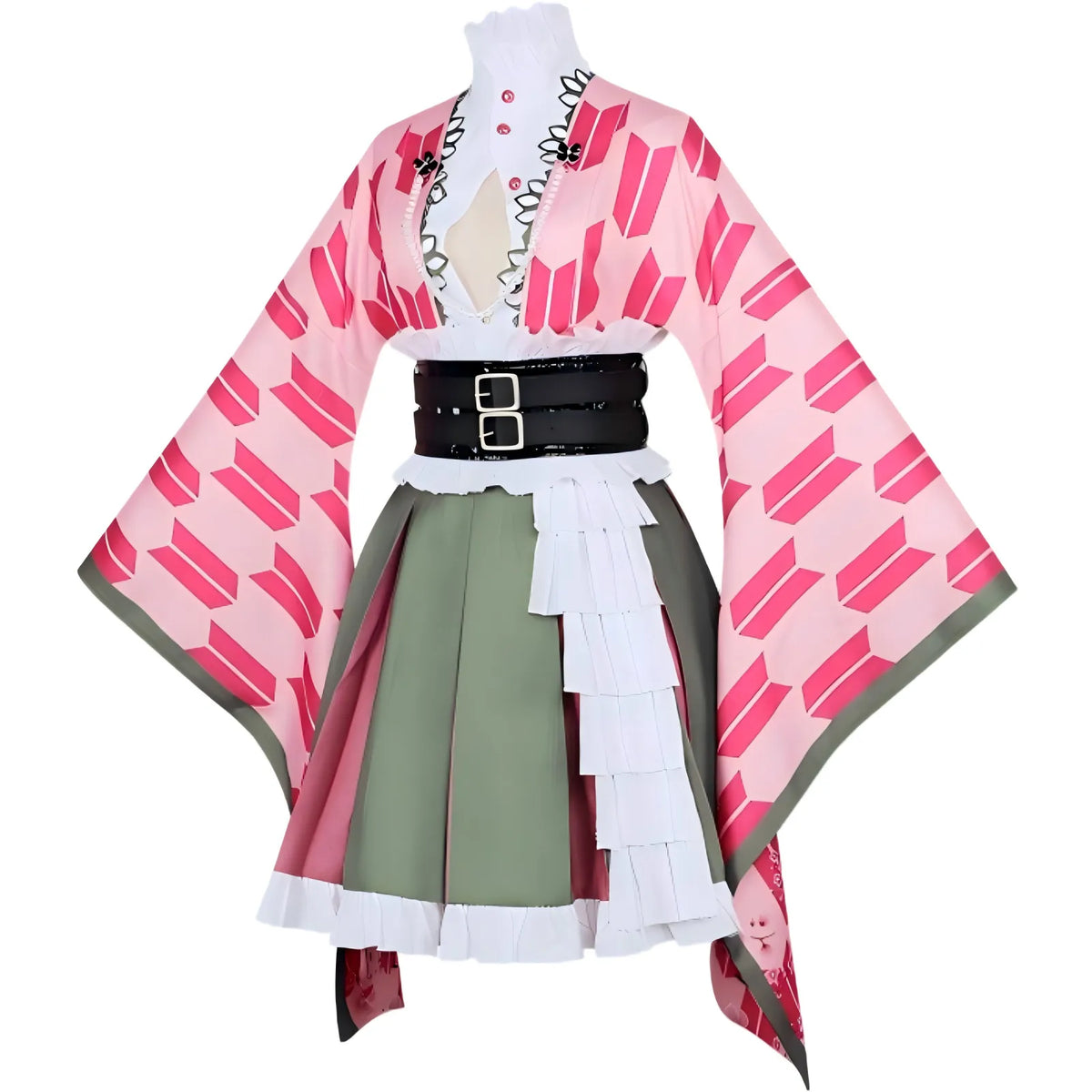 side front detail of mitsuri cos outfit, white frill decoration on skirt