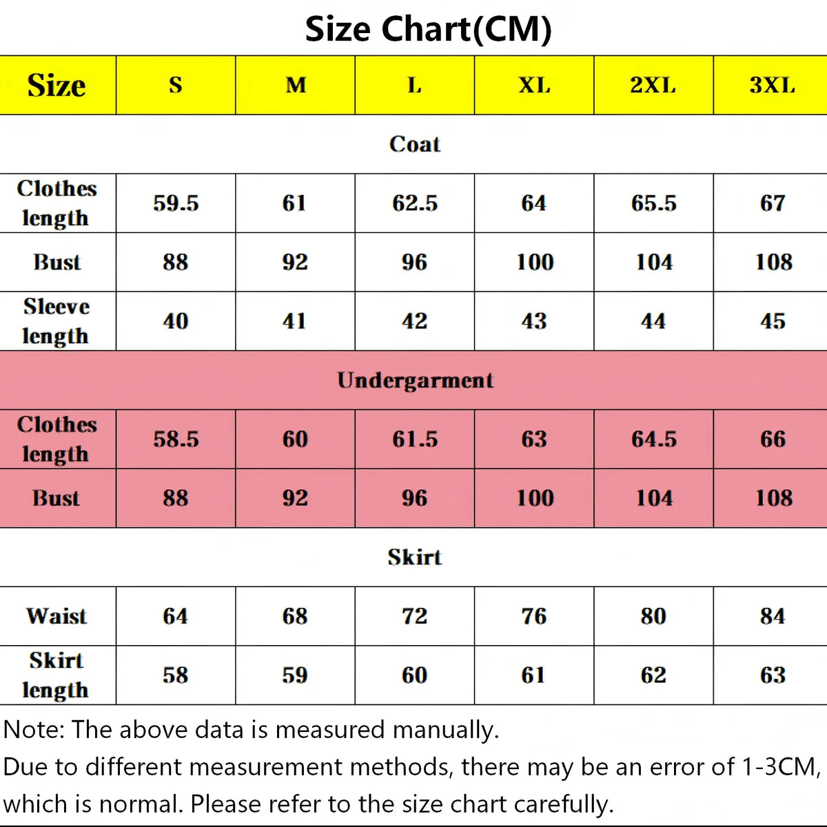 measurement size chart for mitsuri kanroji cos outfit, coat, undergarment and skirt dimensions