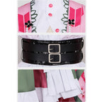 close‑up details of mitsuri cos, pearl brooch, double buckle belt, skirt fabric