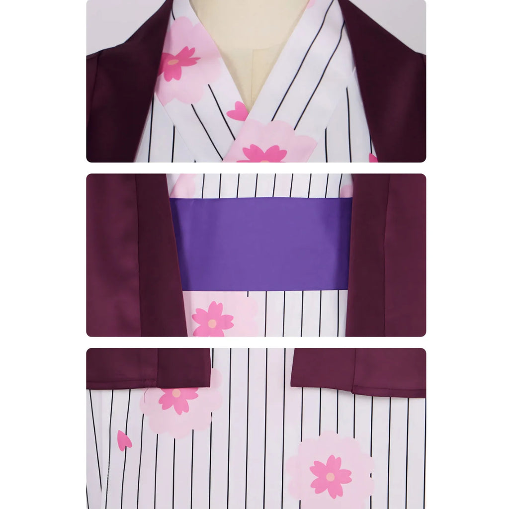 close‑up details of collar, obi belt and cherry blossom print of mitsuri kanroji costume