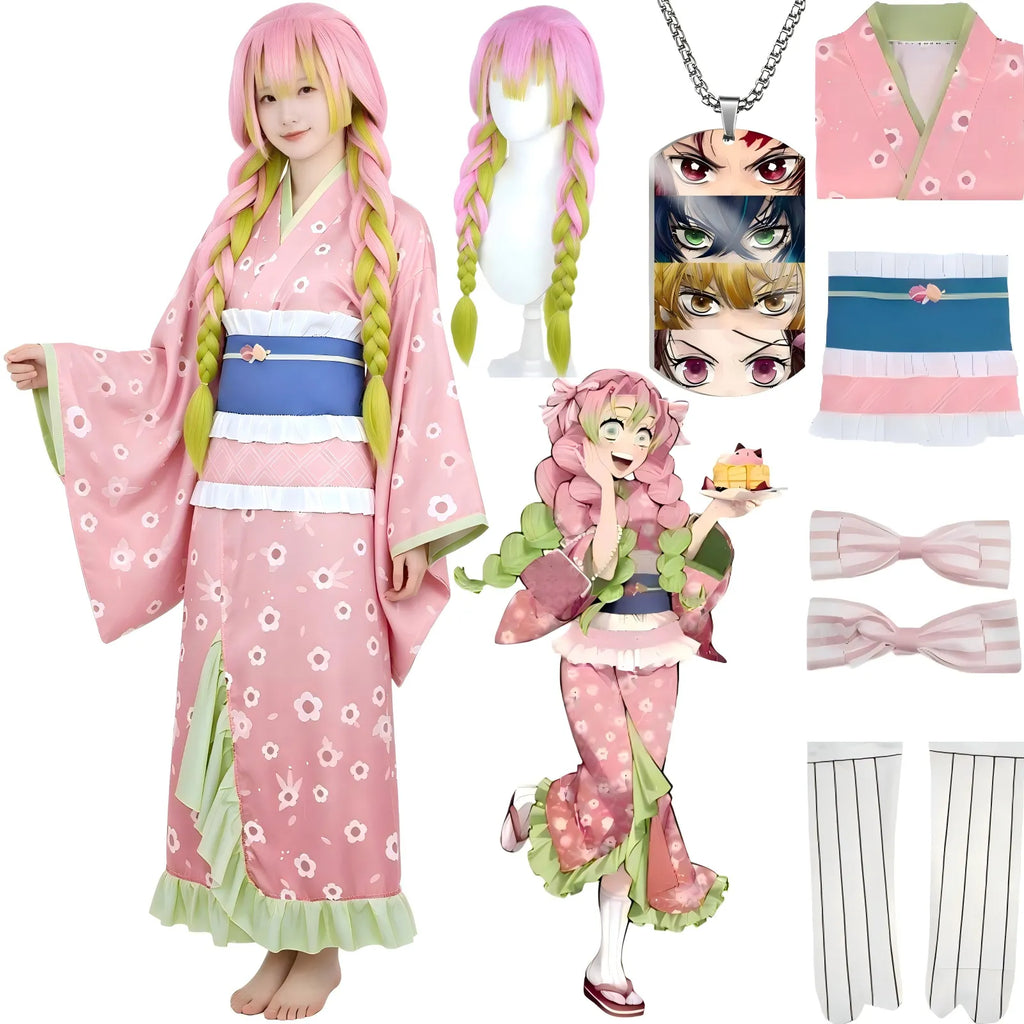 complete mitsuri cos yukata outfit including wig, necklace and hair bows