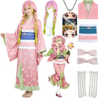 complete mitsuri cos yukata outfit including wig, necklace and hair bows